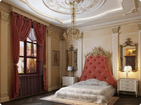 Спальня в стиле ампир с шикарной люстрой и лепниной на потолке