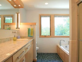 Large bathroom with wooden finish