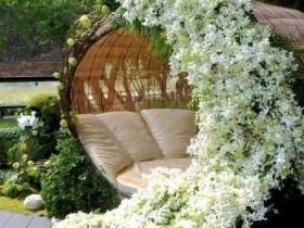 Wooden gazebo in a romantic design with climbing plants