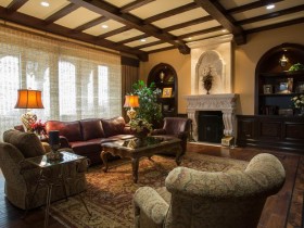 Living room interior with coffered ceilings