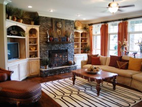 Living room with fireplace in exotic style