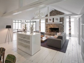 Living room interior with fireplace in the style of fusion