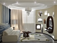 Modern living room with Wallpaper and tiered ceiling (another type)