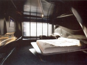 Dark bedroom in the style of postmodernism