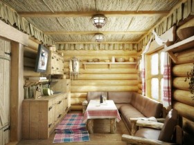 Интерьер маленькой русской гостиной в деревянной отделке