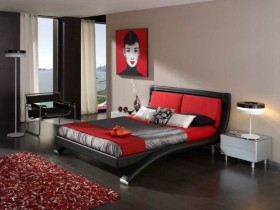 Interesting design of modern bedroom in black and red colors