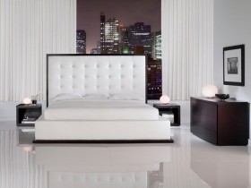 White bedroom with glossy flooring