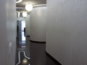 Интерьер белого коридора с темным полом в квартире