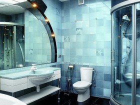 The bathroom is in a modern Mediterranean style