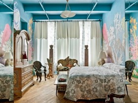 A bedroom with walls in the style of kitsch