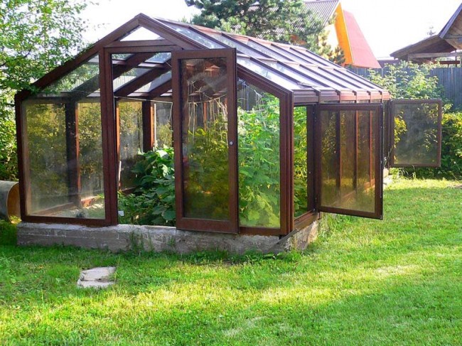 Фото теплиц из поликарбоната, оконных рам и бруса