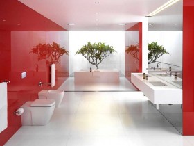 Большая ванная комната красного цвета