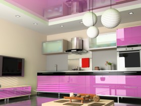 Современная кухня с розовой мебелью