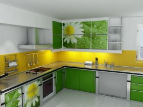 Бело-зеленая кухня в ромашках