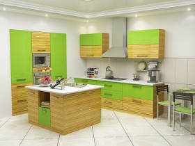 Белая кухня с зеленой деревянной мебелью