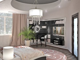 Большая светлая спальня в стиле хай-тек с многоуровневым потолком