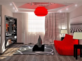 Красная люстра и диван в интерьере современной гостиной