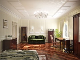 Светлая спальня в сочетании с темным паркетом в стиле классицизм