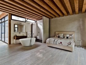 Идея дизайна спальни с ванной