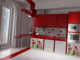 Большая кухня в красно-белом цвете